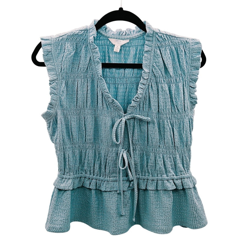 Time and Tru Women Blue Smocked Peplum Tie Front Ruffle Sleeveless Top Small 4-6